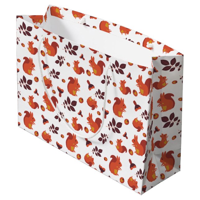 Autumn Leaves, Acorns and Squirrel Pattern Large Gift Bag (Back Angled)