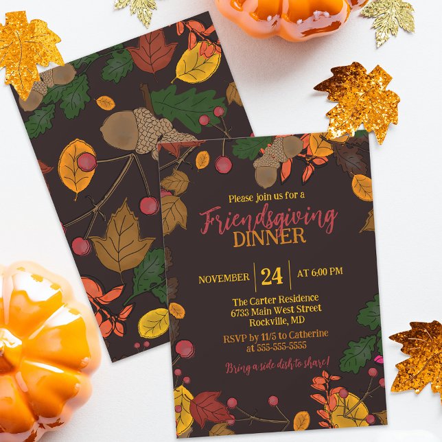 Autumn Leaves Acorns Berries Friendsgiving Dinner Invitation (Creator Uploaded)