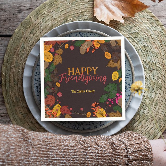 Autumn Leaves Acorns Berries Friendsgiving Dinner Napkin (Creator Uploaded)