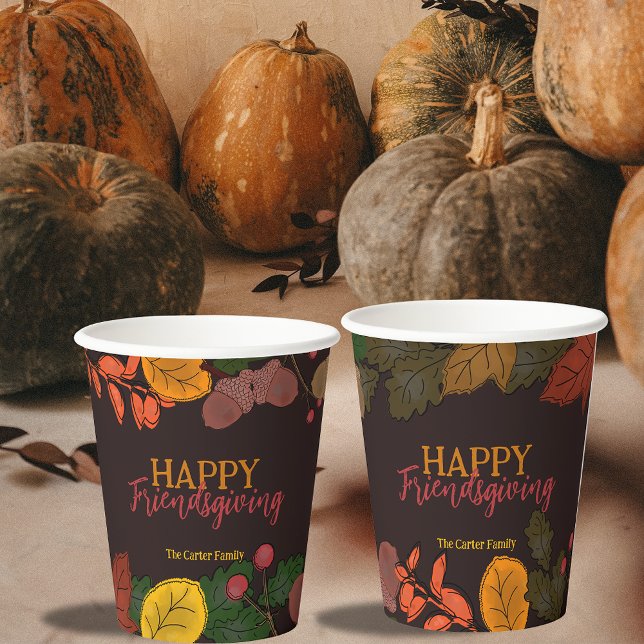Autumn Leaves Acorns Berries Friendsgiving Dinner Paper Cups (Creator Uploaded)