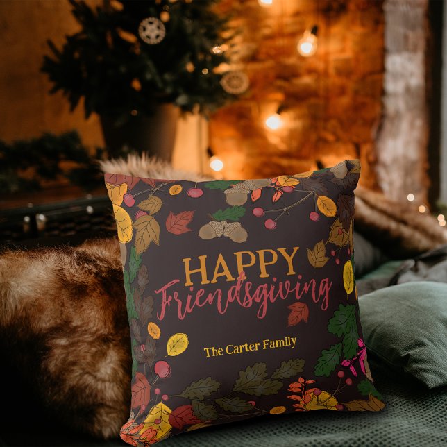 Autumn Leaves Acorns Berries Happy Friendsgiving Cushion (Creator Uploaded)