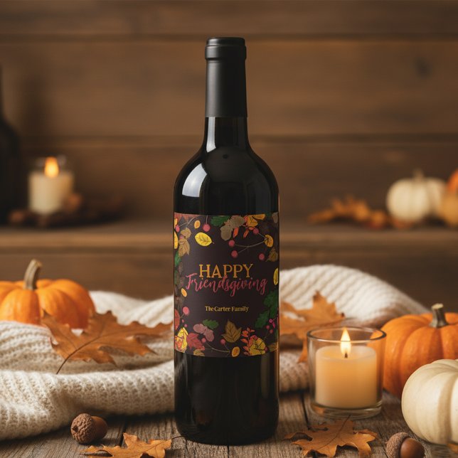 Autumn Leaves Acorns Berries Happy Friendsgiving Wine Label (Creator Uploaded)