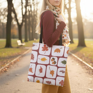 Autumn Leaves & Acorns Grid Pattern Tote Bag