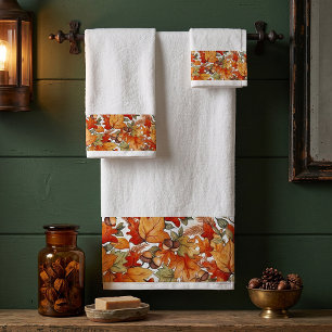 Autumn leaves and acorns band bath towel set