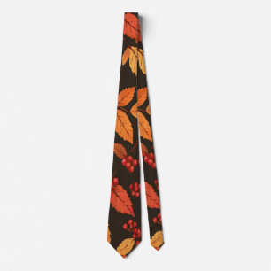 Autumn Leaves and Berries on Dark Background Tie