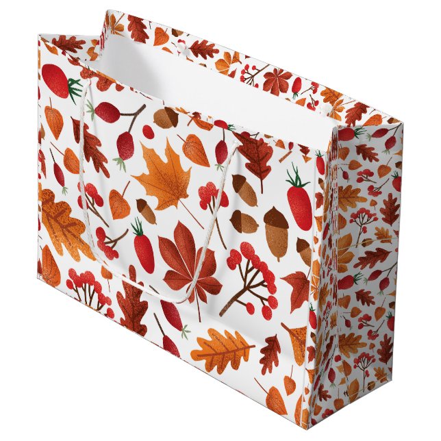 Autumn Leaves and Berries Pattern Thanksgiving Large Gift Bag (Front Angled)