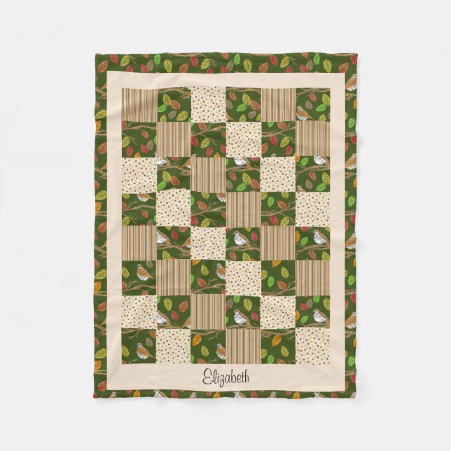 Autumn Leaves and Birds Custom Name  Fleece Blanket (Front)