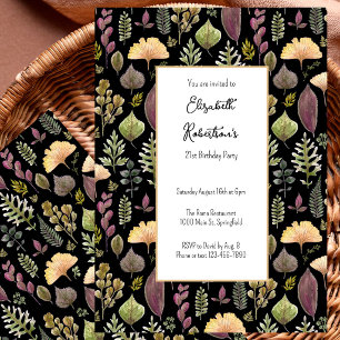 Autumn Leaves and Ferns on Black 21st Birthday Invitation