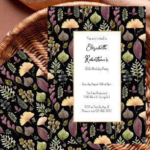 Autumn Leaves and Ferns on Black 50th Birthday Invitation