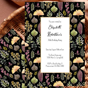 Autumn Leaves and Ferns on Black 76th Birthday Invitation