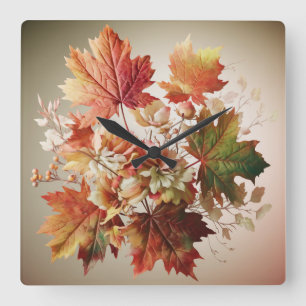 Autumn Leaves and Flowers in Fall Bouquet Art Square Wall Clock