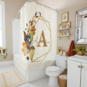 Autumn leaves and gold frame personalised shower curtain