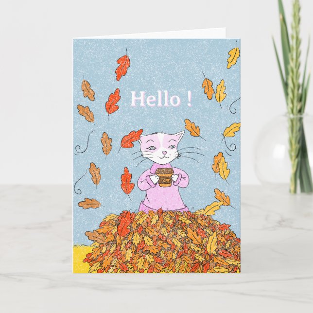 Autumn Leaves and Graceful Cat Blank Greeting Card (Front)
