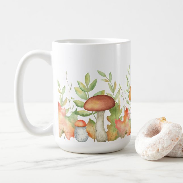 Autumn Leaves and Mushroom Illustration Coffee Mug (With Donut)