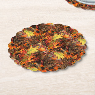 Autumn Leaves and Pinecones Thanksgiving Paper Coaster