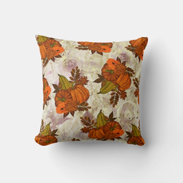 Autumn Leaves and Pumpkin Fall Pattern Cushion (Front)