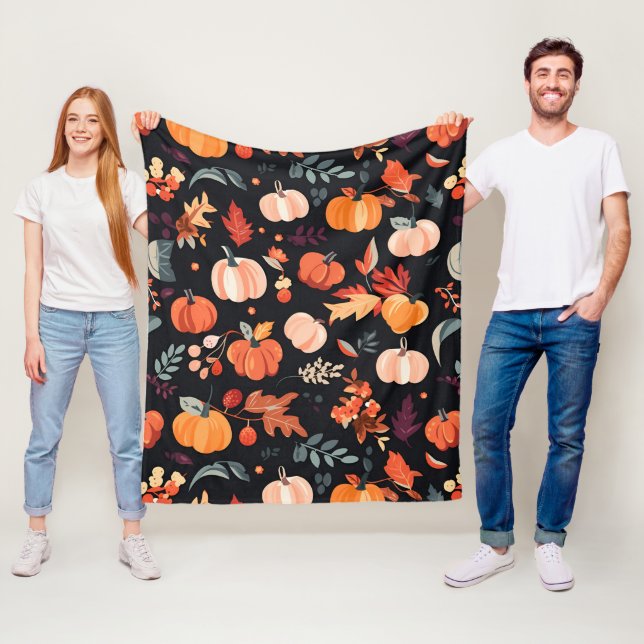 Autumn Leaves and Pumpkin Pattern Fleece Blanket (In Situ)
