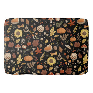 Autumn Leaves and Pumpkins in Black Thanksgiving Bath Mat