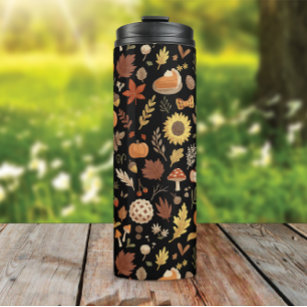 Autumn Leaves and Pumpkins in Black Thanksgiving Thermal Tumbler