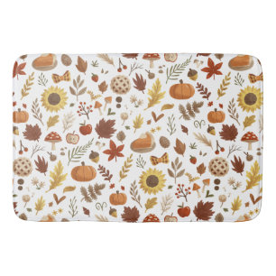 Autumn Leaves and Pumpkins in White Thanksgiving Bath Mat