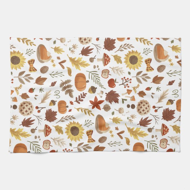 Autumn Leaves and Pumpkins in White Thanksgiving Tea Towel (Horizontal)