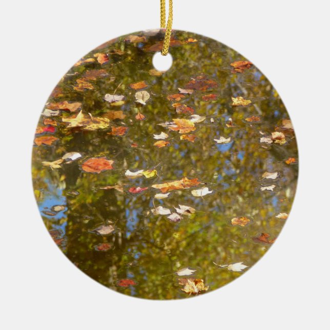 Autumn Leaves and Stream Reflection at Greenbelt Ceramic Tree Decoration (Front)