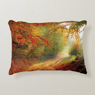 Autumn Leaves and Trees Covering Dirt Road Decorative Cushion