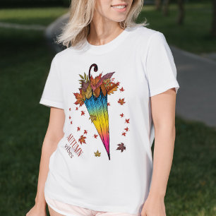 Autumn Leaves and Umbrella in Pansexual Flag Colou T-Shirt