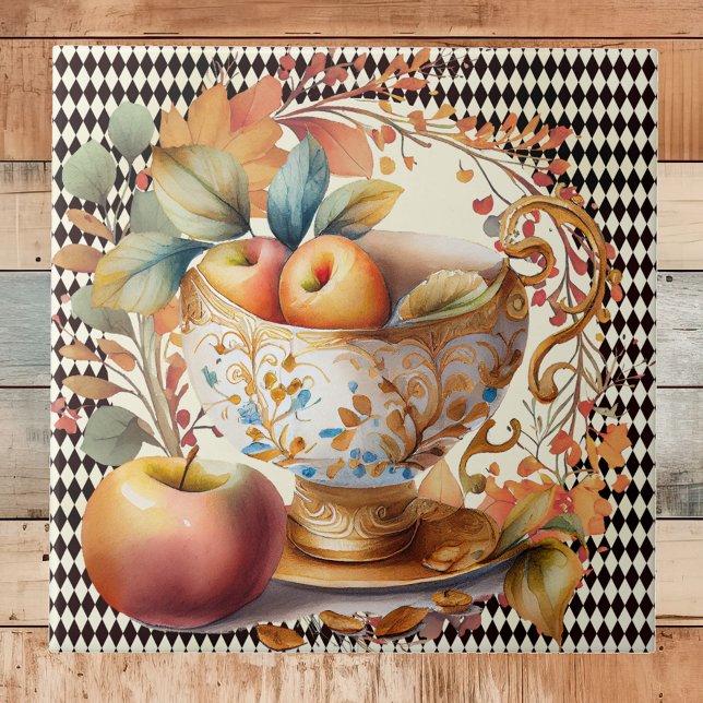 Autumn Leaves Apple Cider & Cup on Black Harlequin Tile (Creator Uploaded)