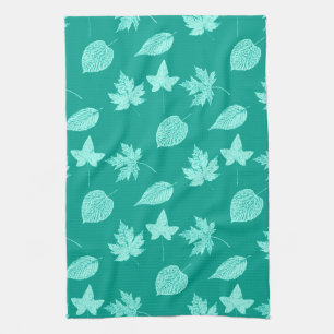 Autumn leaves - aqua and turquoise tea towel