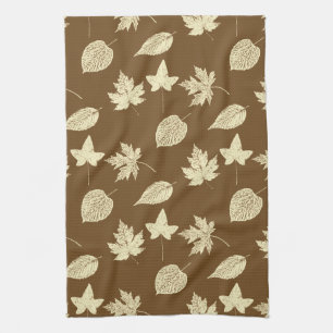 Autumn leaves - beige and chocolate brown tea towel