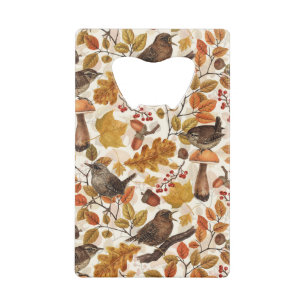 Autumn leaves, berries, mushrooms and wrens