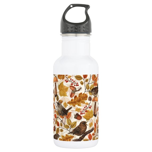 Autumn leaves, berries, mushrooms and wrens 532 ml water bottle (Front)