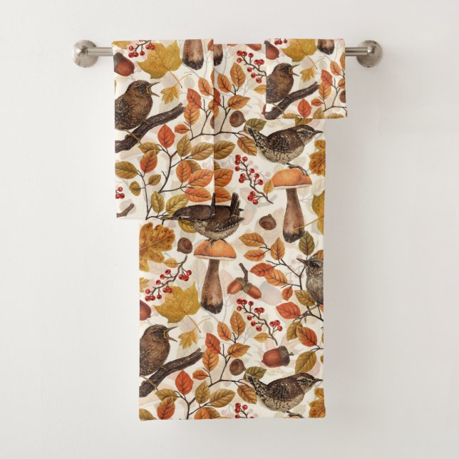 Autumn leaves, berries, mushrooms and wrens bath towel set (Insitu)