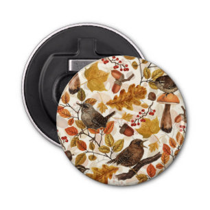 Autumn leaves, berries, mushrooms and wrens bottle opener