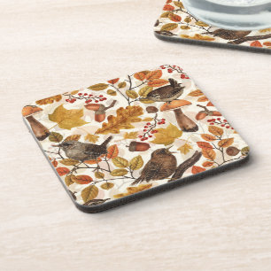 Autumn leaves, berries, mushrooms and wrens coaster