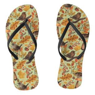 Autumn leaves, berries, mushrooms and wrens jandals