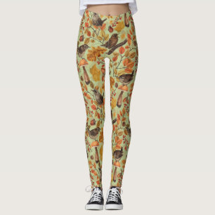 Autumn leaves, berries, mushrooms and wrens leggings