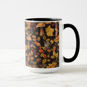 Autumn leaves, berries, mushrooms and wrens mug