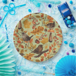 Autumn leaves, berries, mushrooms and wrens paper plate