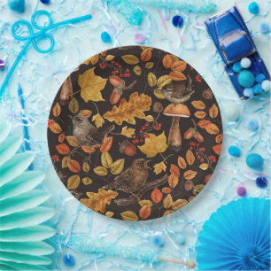 Autumn leaves, berries, mushrooms and wrens paper plate