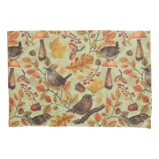 Autumn leaves, berries, mushrooms and wrens pillowcase (Front-Left)