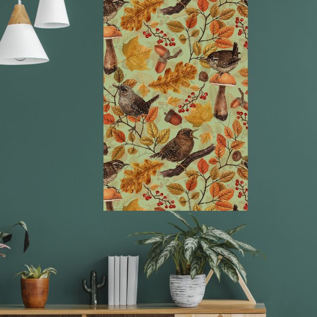 Autumn leaves, berries, mushrooms and wrens poster (Living Room 1)