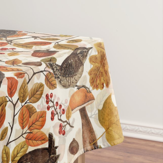 Autumn leaves, berries, mushrooms and wrens tablecloth (In Situ)