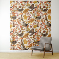 Autumn leaves, berries, mushrooms and wrens