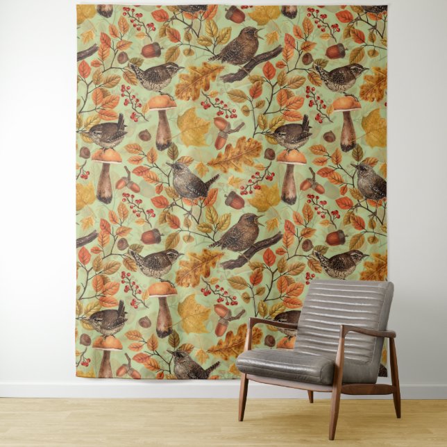 Autumn leaves, berries, mushrooms and wrens tapestry (In Situ)