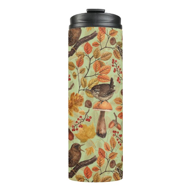 Autumn leaves, berries, mushrooms and wrens thermal tumbler (Front)
