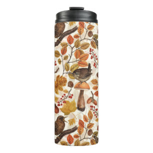 Autumn leaves, berries, mushrooms and wrens thermal tumbler