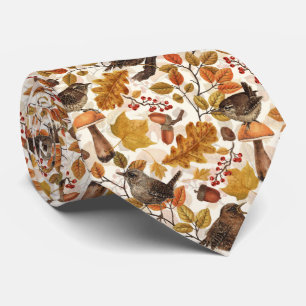 Autumn leaves, berries, mushrooms and wrens tie