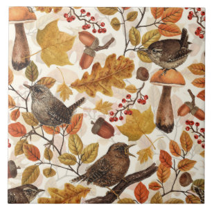 Autumn leaves, berries, mushrooms and wrens tile